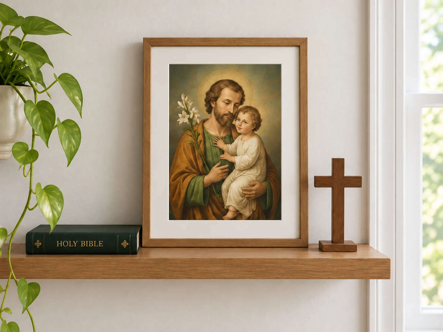 Illustrative prayer corner with a framed image of Saint Joseph, a Bible, a wooden cross and a plant beside a window