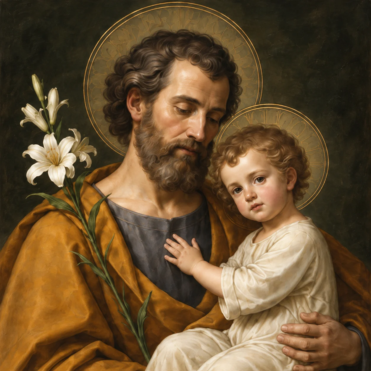 Illustration of Saint Joseph holding the infant Jesus, with a white lily and gold halos