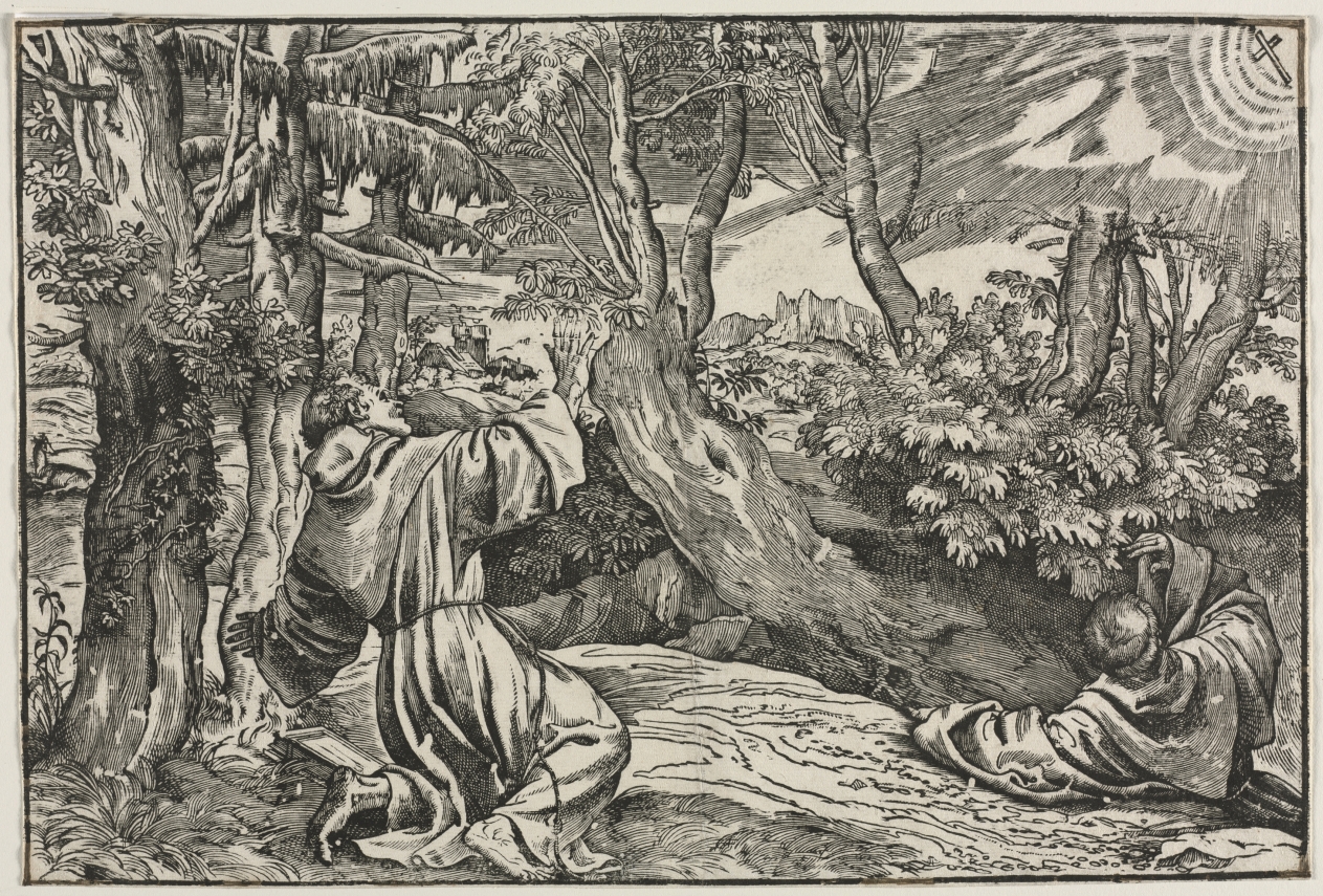 Saint Francis kneeling as he receives the stigmata.
