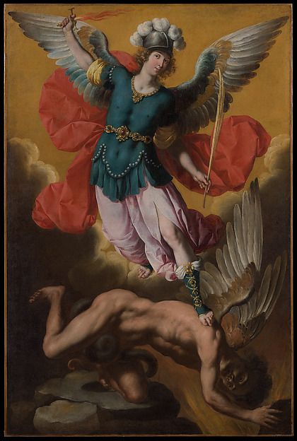 The winged Saint Michael in armor overcoming a dragon.